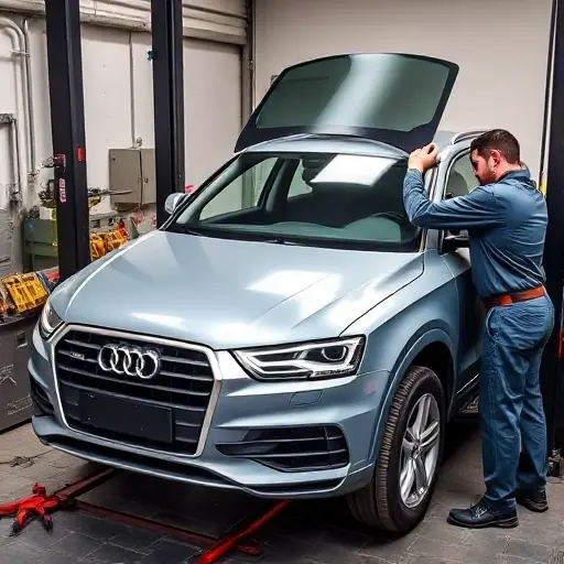 A realistic depiction of a mechanic removing the old windshield from an Audi Q3 2.0 TDI and installing a new one, with the vehicle on a lift, tools and safety gear around, showing the front of the car and the windshield area.
