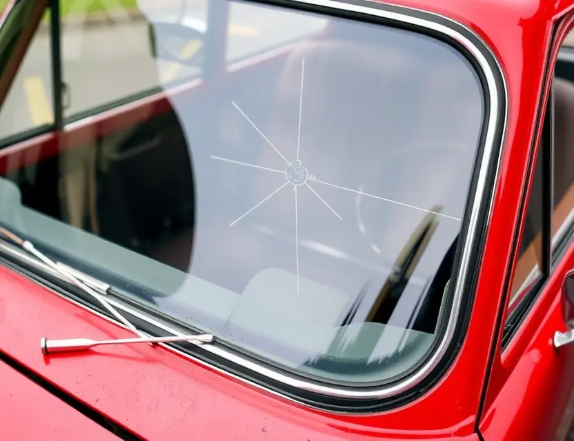 A close-up shot of an Austin 1300 car with a cracked windshield, showing the area where the windshield needs replacement. The car is parked on a clean, slightly reflective surface. Focus on the damaged windshield area.