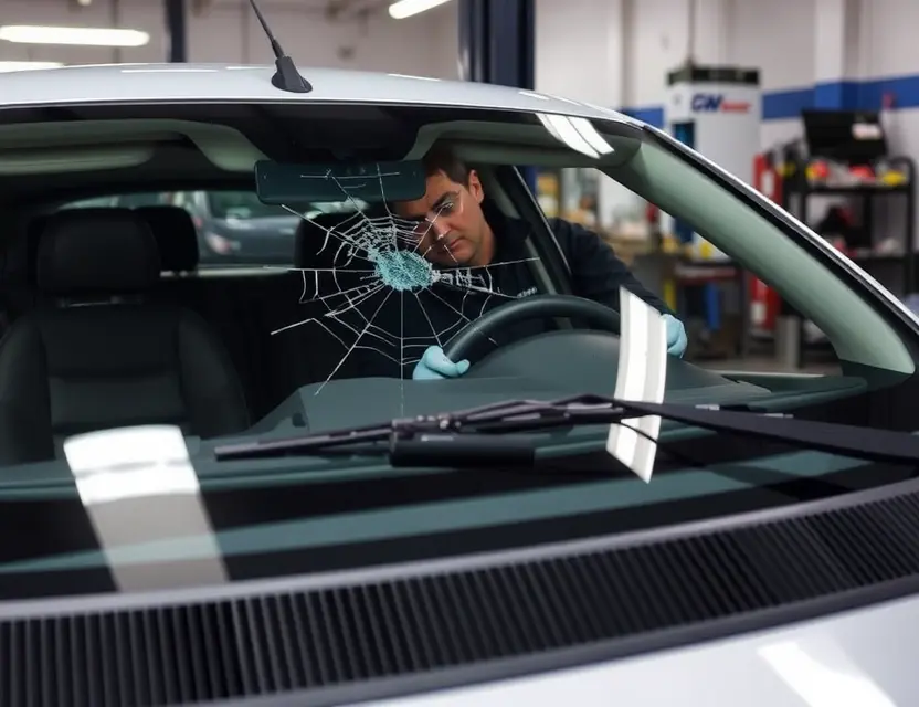 A GWM vehicle with a cracked windshield undergoing a windshield replacement service. The scene should depict a mechanic working on the windshield, tools visible, and a clean, well-lit garage environment. Focus on the replacement process.