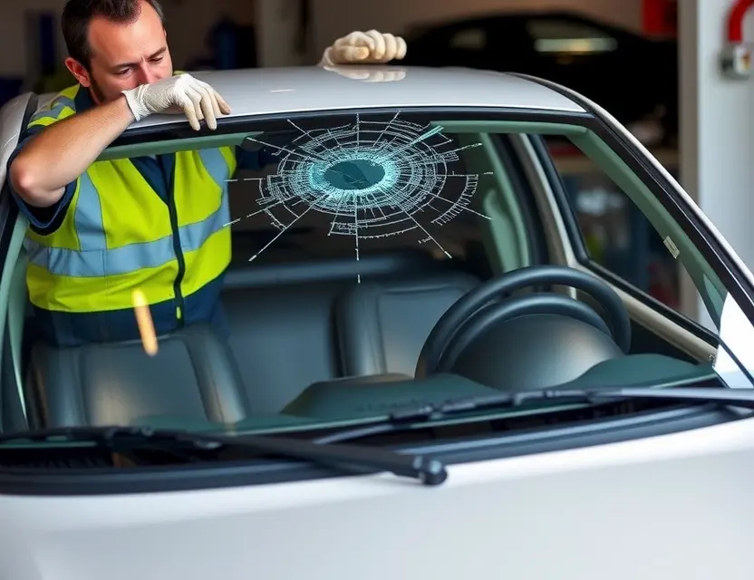 A Datsun Redi GO with a cracked windshield being replaced by a mechanic. The mechanic is wearing a safety vest and gloves. The replacement windshield is being installed. The background shows a garage or workshop setting.