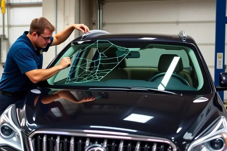 A professional mechanic in a clean garage is carefully removing the cracked windshield of a 2007-2017 Buick Enclave with a 3.6L V6 engine, showing the vehicle's front end, the exposed interior frame, and the replacement glass ready to be installed, realistic lighting and detailed textures.